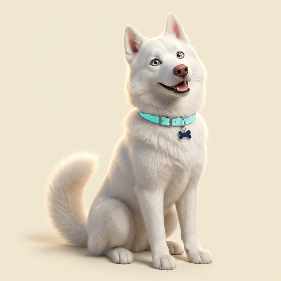 Whitley, a white husky with blue eyes, sitting and looking up